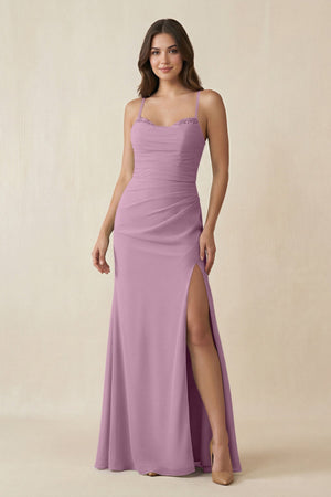 Cami Strap Sheath Chiffon Bridesmaid Dress with Slit in Wisteria - KISS BRIDAL Bridesmaid Dresses