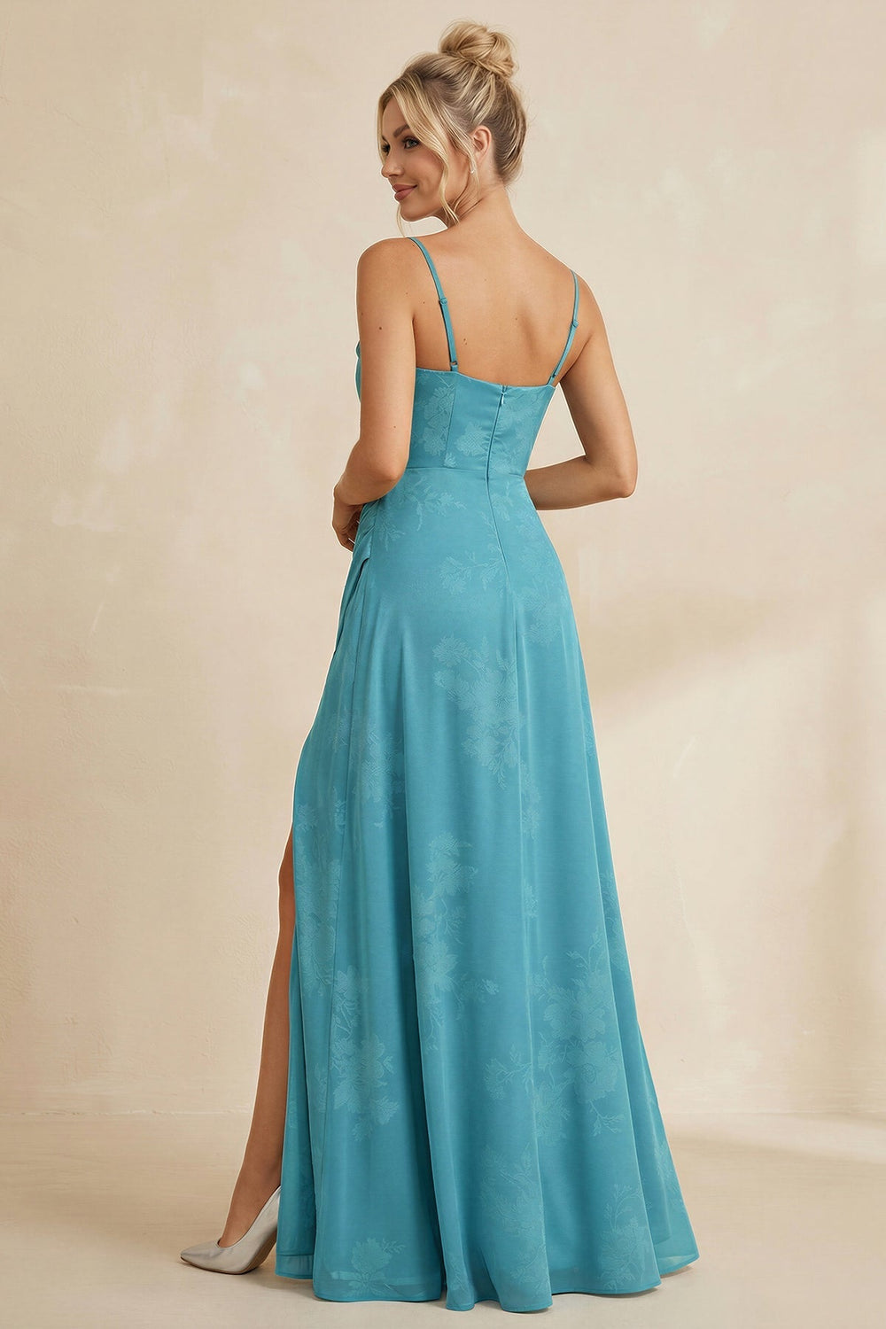 Cami Strap Sheath Floral Chiffon Bridesmaid Dress With Slit in Adriatic Blue
