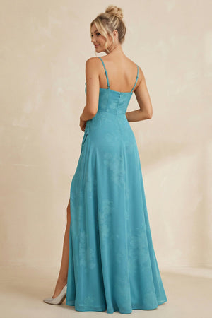 Cami Strap Sheath Floral Chiffon Bridesmaid Dress With Slit in Adriatic Blue - KISS BRIDAL Bridesmaid Dresses