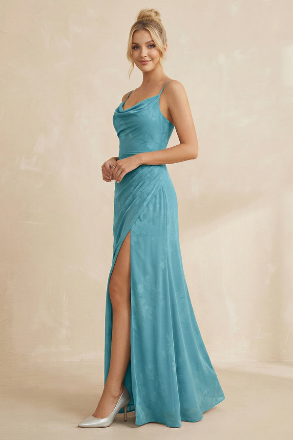 Cami Strap Sheath Floral Chiffon Bridesmaid Dress With Slit in Adriatic Blue - KISS BRIDAL Bridesmaid Dresses