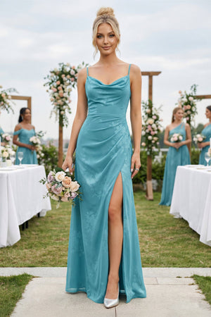 Cami Strap Sheath Floral Chiffon Bridesmaid Dress With Slit in Adriatic Blue - KISS BRIDAL Bridesmaid Dresses