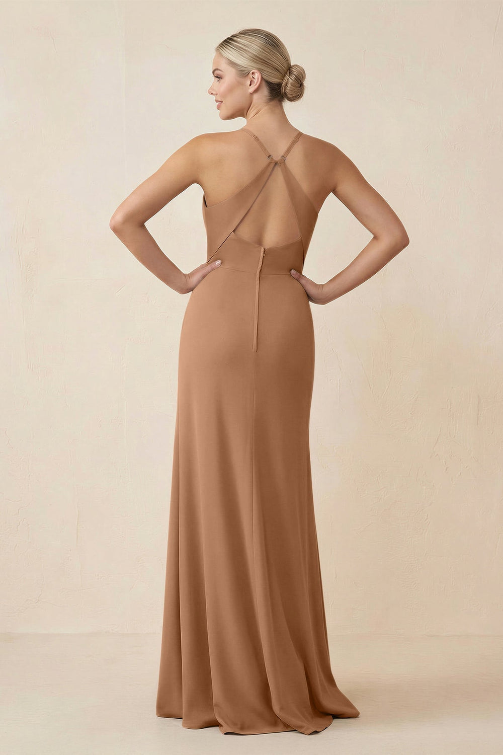 Cami Strap Sheath Ruched Bridesmaid Dress With Slit in Bronzer