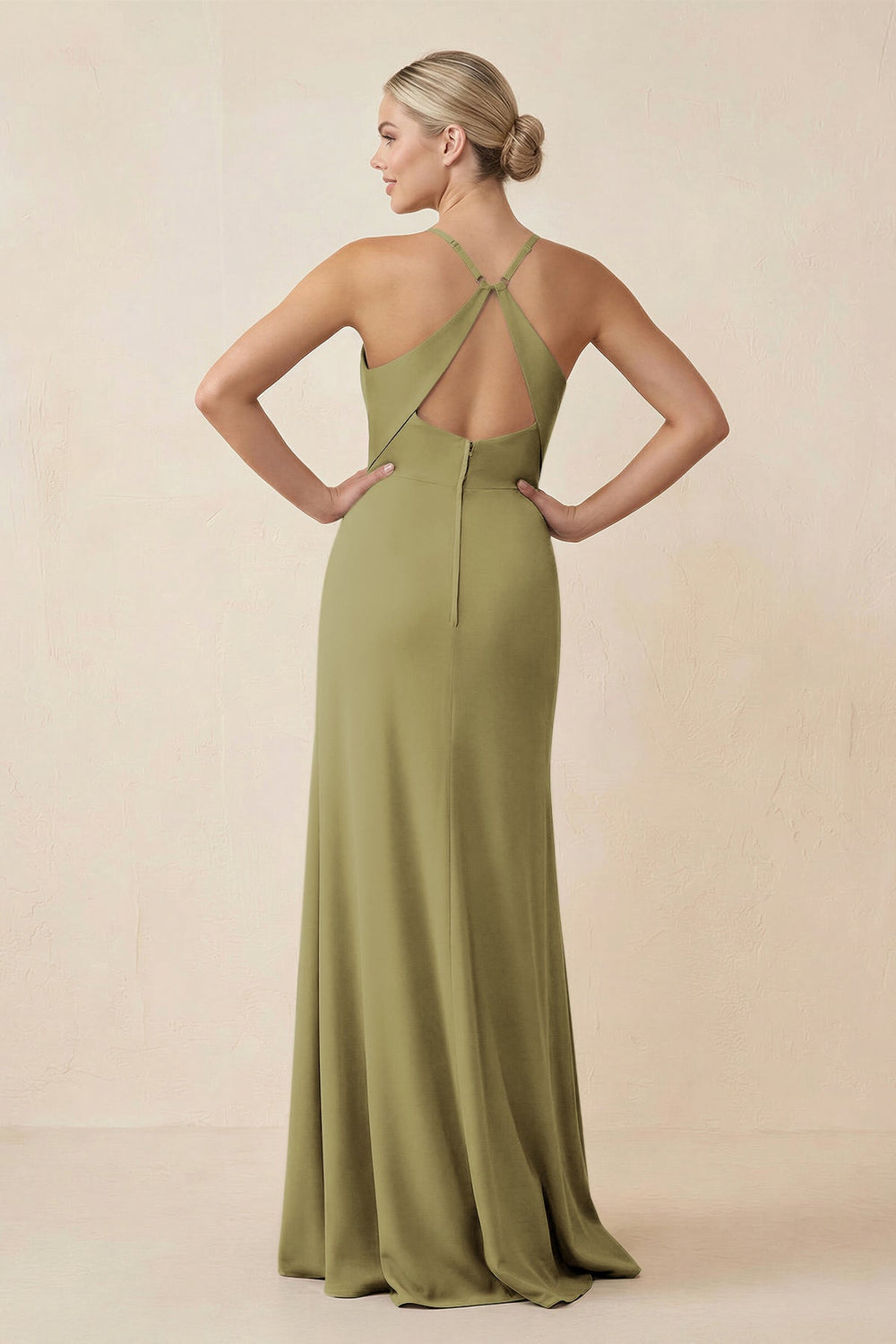 Cami Strap Sheath Ruched Bridesmaid Dress With Slit in Moss Green
