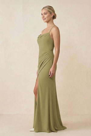 Cami Strap Sheath Ruched Bridesmaid Dress With Slit in Moss Green (3) | KISSBRIDAL