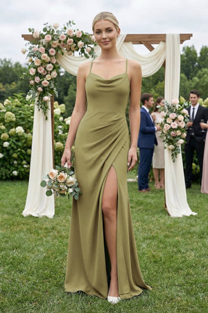 Cami Strap Sheath Ruched Bridesmaid Dress With Slit in Moss Green (4) | KISSBRIDAL