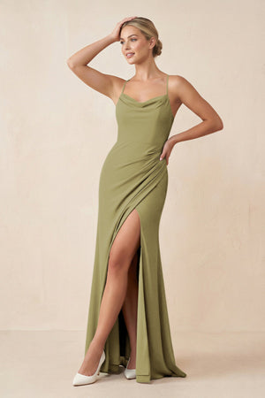 Cami Strap Sheath Ruched Bridesmaid Dress With Slit in Moss Green | KISSBRIDAL