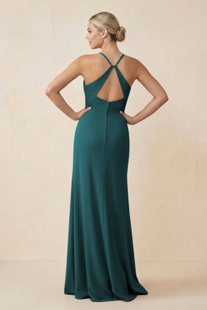 Cami Strap Sheath Ruched Bridesmaid Dress With Slit in Pine - KISS BRIDAL Bridesmaid Dresses