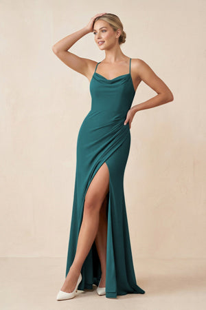 Cami Strap Sheath Ruched Bridesmaid Dress With Slit in Pine - KISS BRIDAL Bridesmaid Dresses