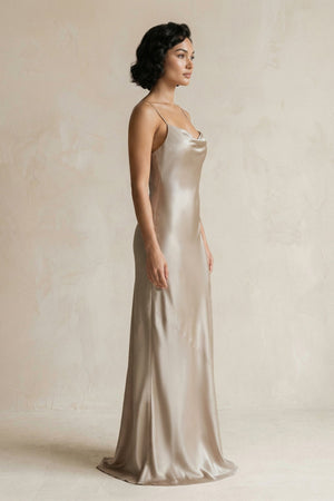 Cami Strap Sheath Satin Bridesmaid Dress in Almond - KISS BRIDAL Bridesmaid Dresses