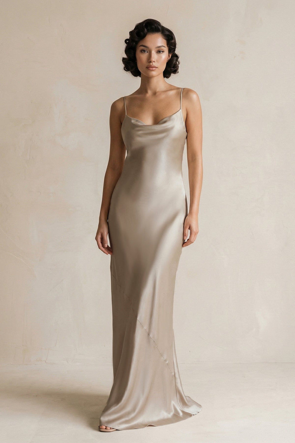 Cami Strap Sheath Satin Bridesmaid Dress in Almond
