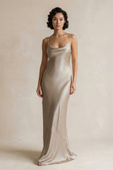 Cami Strap Sheath Satin Bridesmaid Dress in Almond - KISS BRIDAL Bridesmaid Dresses