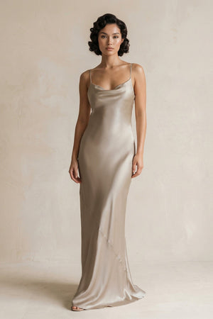 Cami Strap Sheath Satin Bridesmaid Dress in Almond - KISS BRIDAL Bridesmaid Dresses