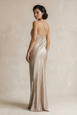 Cami Strap Sheath Satin Bridesmaid Dress in Almond - KISS BRIDAL Bridesmaid Dresses