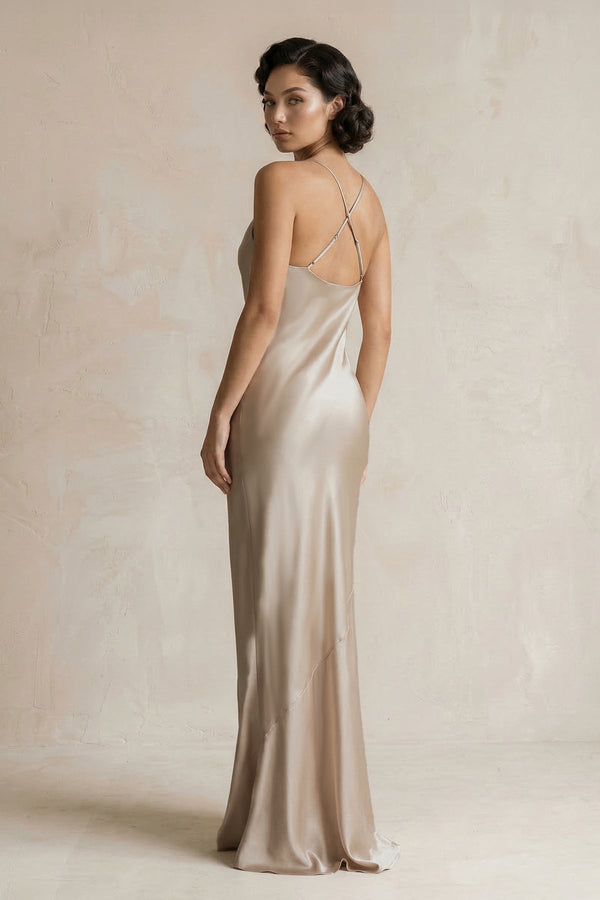 Cami Strap Sheath Satin Bridesmaid Dress in Almond - KISS BRIDAL Bridesmaid Dresses
