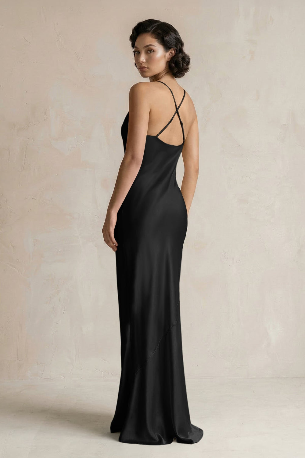 Cami Strap Sheath Satin Bridesmaid Dress in Black