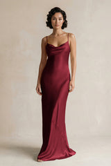 Cami Strap Sheath Satin Bridesmaid Dress in Burgundy - KISS BRIDAL Bridesmaid Dresses