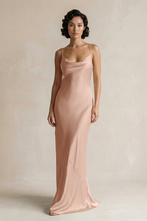 Cami Strap Sheath Satin Bridesmaid Dress in Champagne Rose - KISS BRIDAL Bridesmaid Dresses