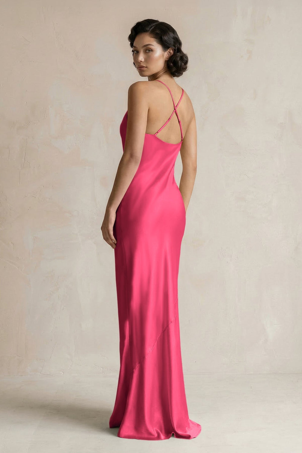 Cami Strap Sheath Satin Bridesmaid Dress in Fuchsia