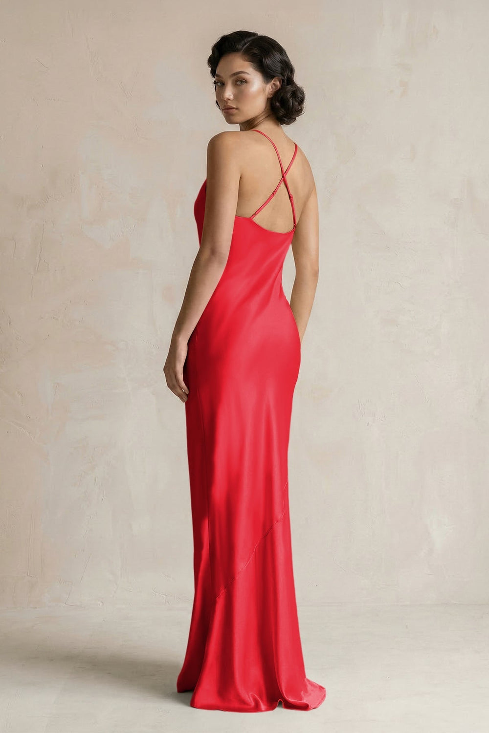 Cami Strap Sheath Satin Bridesmaid Dress in Ruby Red