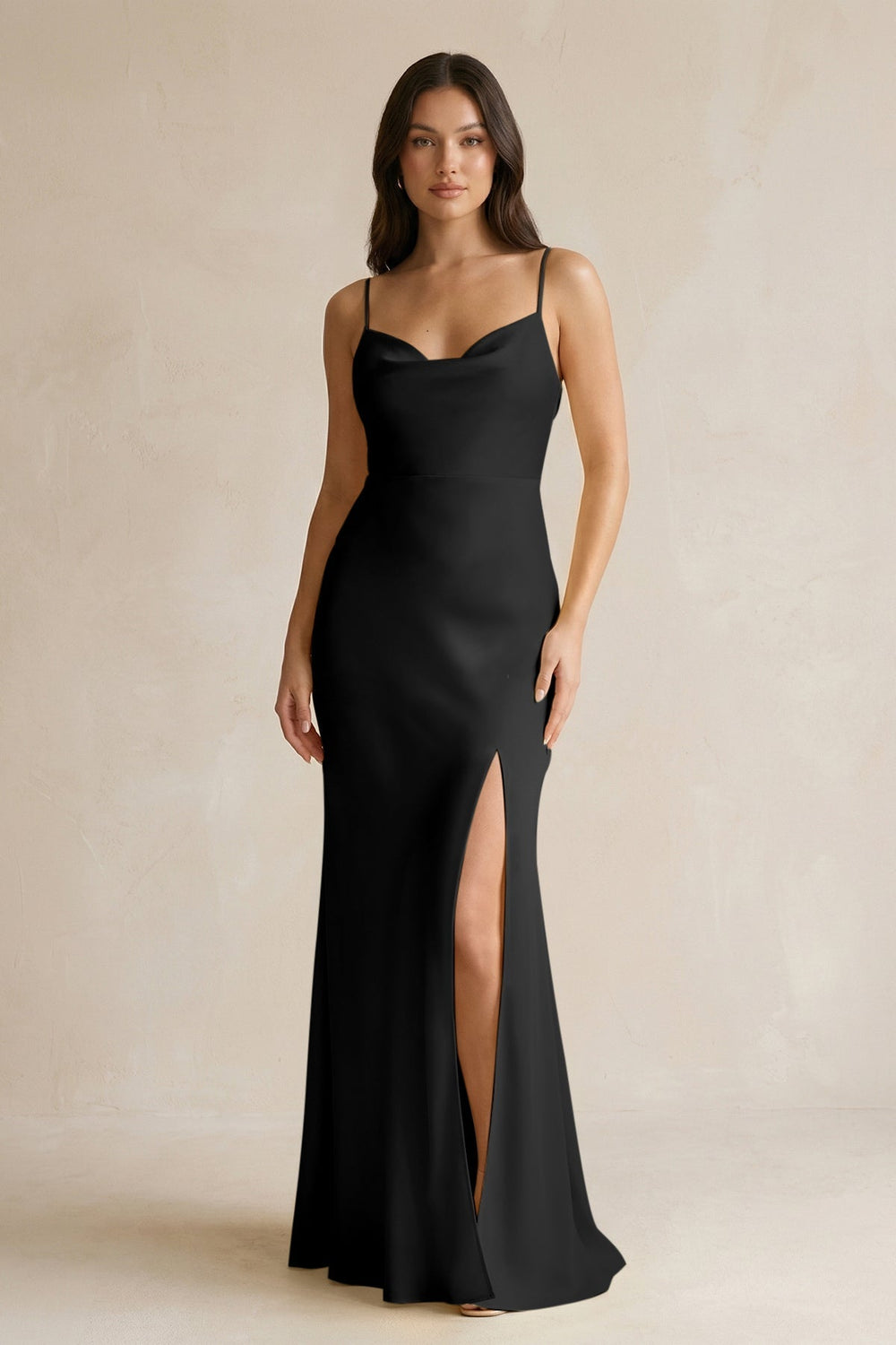 Cami Strap Sheath Satin Bridesmaid Dress With Slit in Black