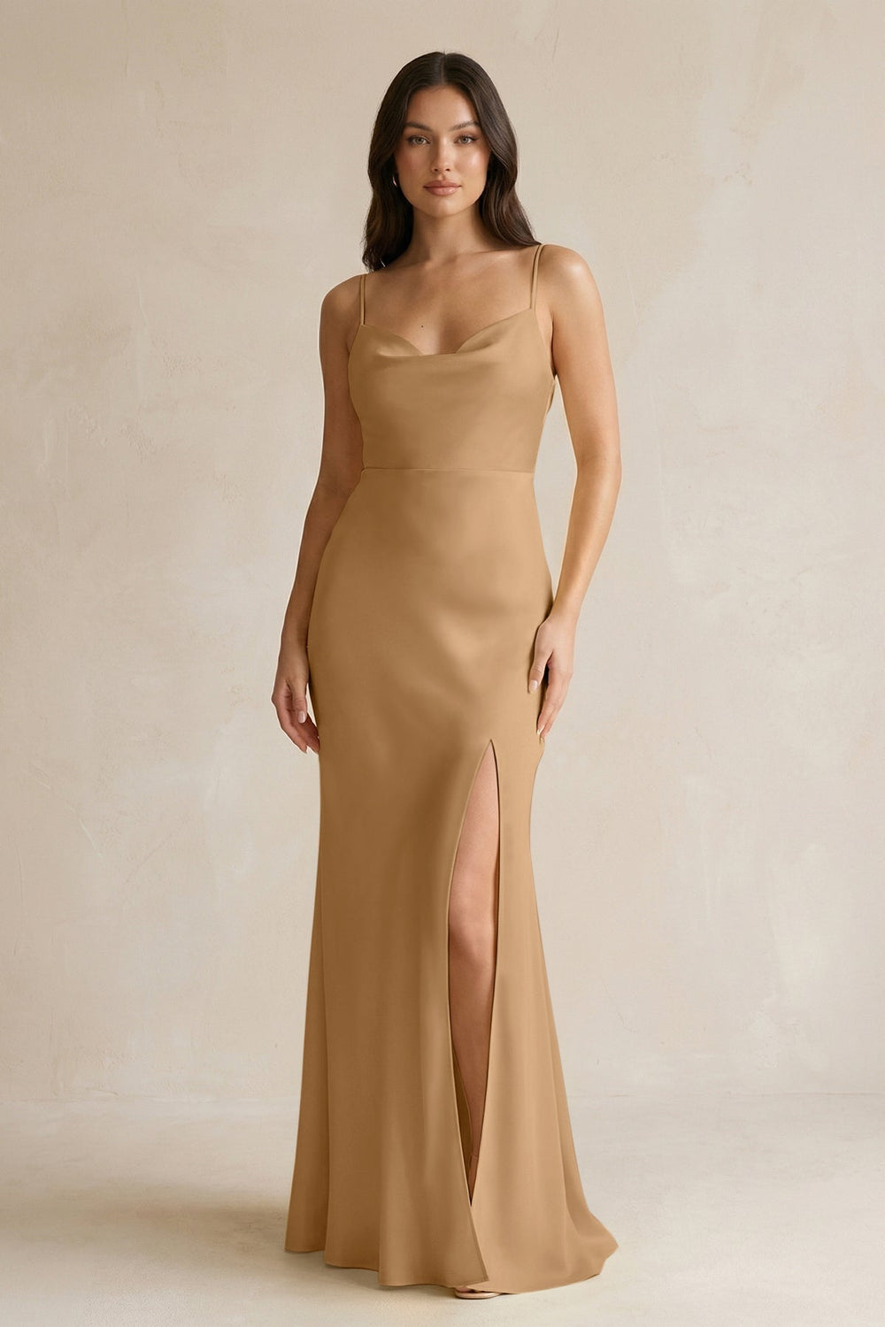 Cami Strap Sheath Satin Bridesmaid Dress With Slit in Bronzer