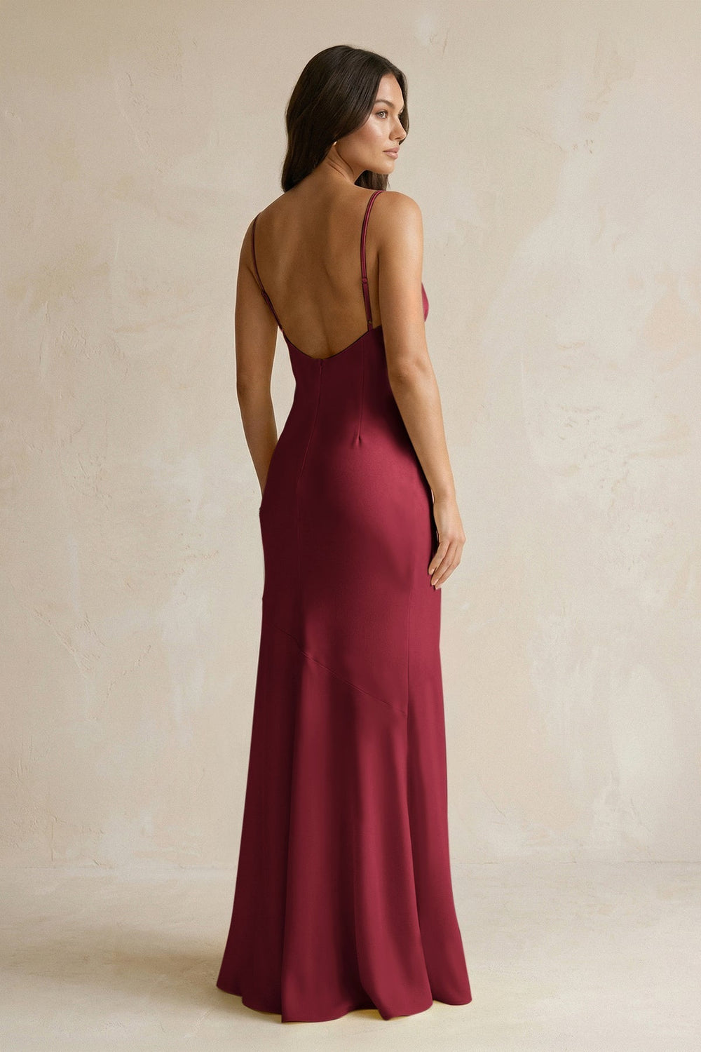 Cami Strap Sheath Satin Bridesmaid Dress With Slit in Burgundy
