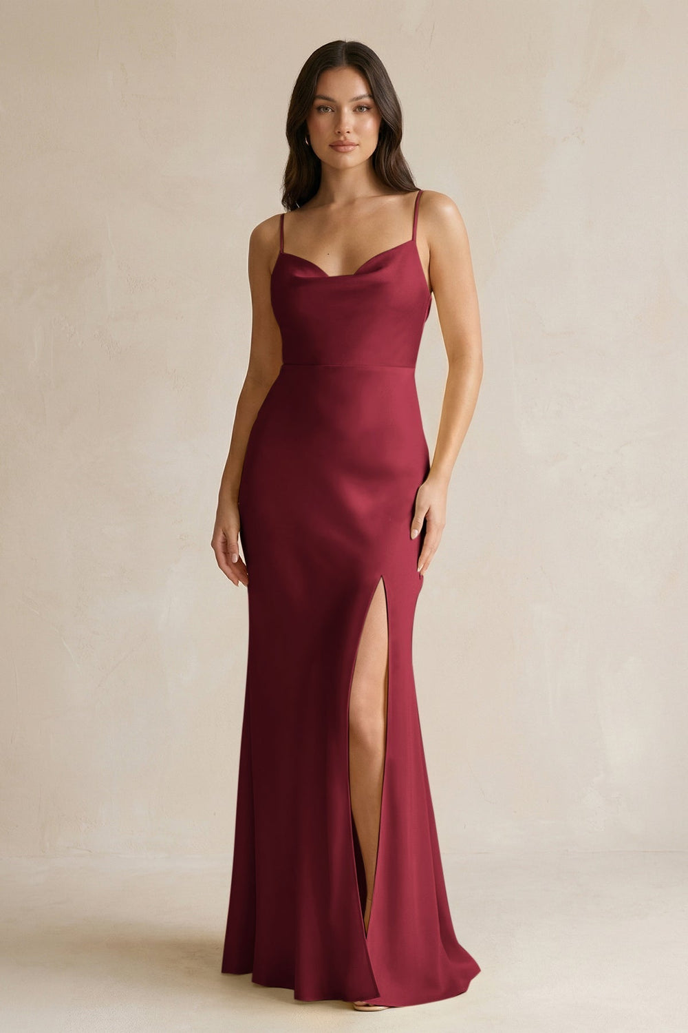 Cami Strap Sheath Satin Bridesmaid Dress With Slit in Burgundy