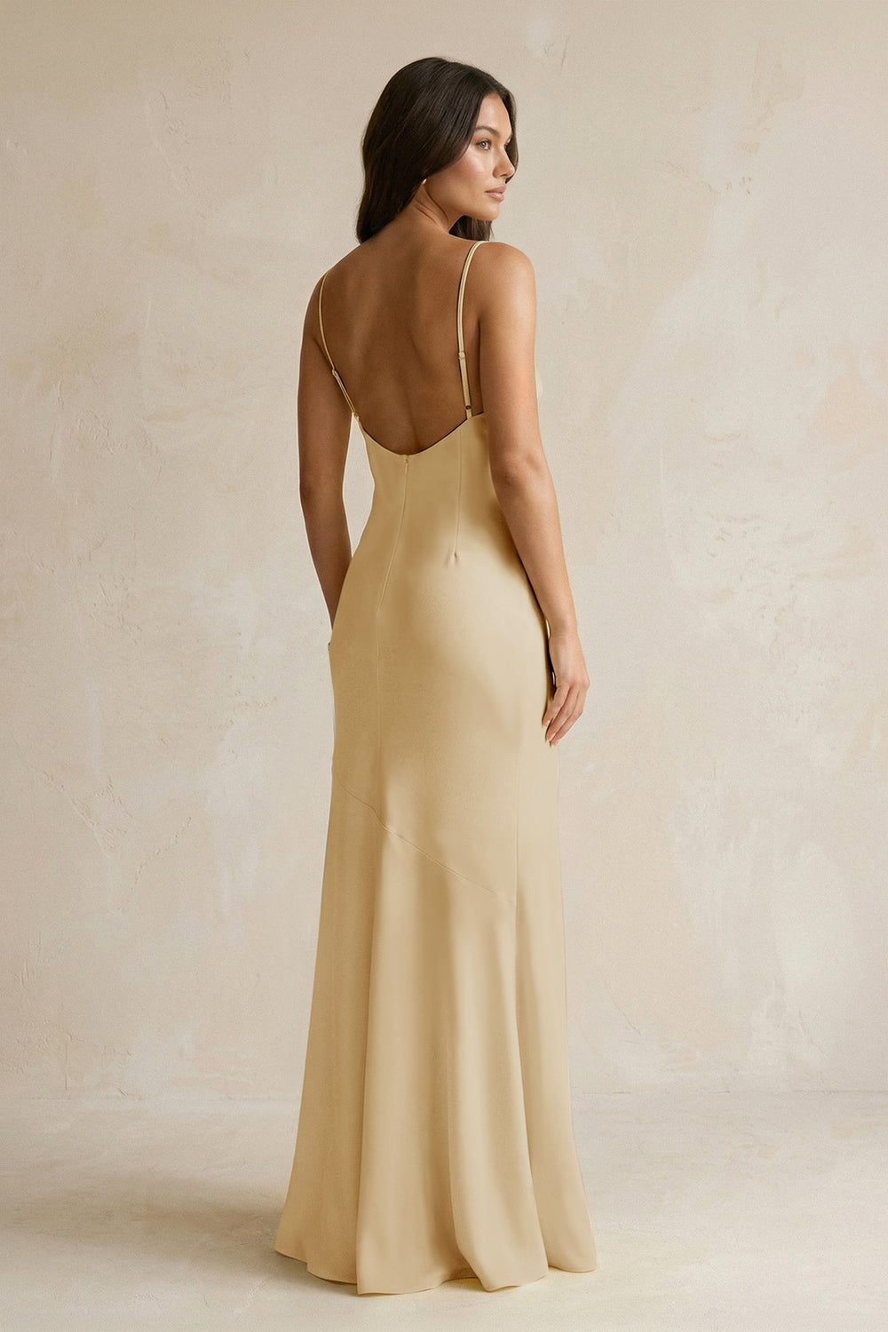 Cami Strap Sheath Satin Bridesmaid Dress With Slit in Champagne