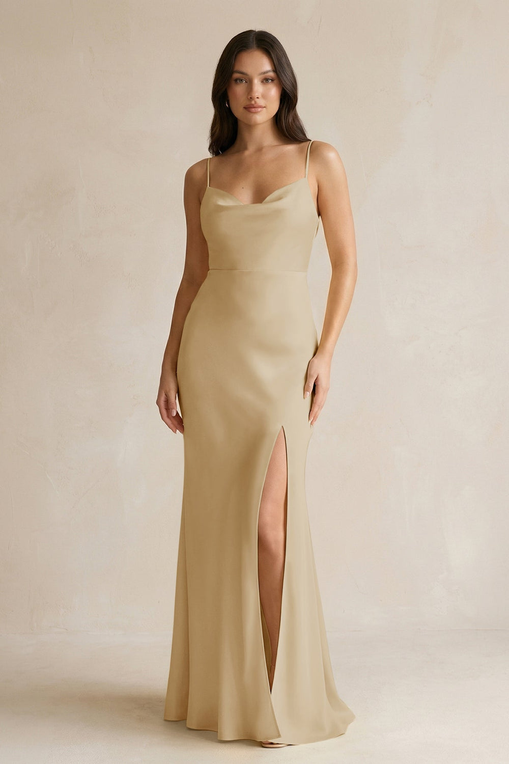 Cami Strap Sheath Satin Bridesmaid Dress With Slit in Champagne