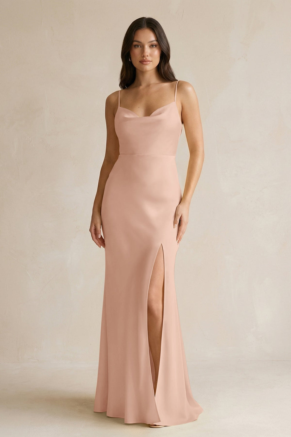 Cami Strap Sheath Satin Bridesmaid Dress With Slit in Champagne Rose