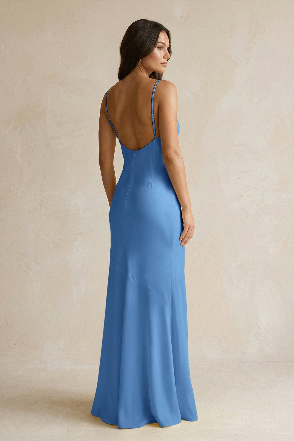 Cami Strap Sheath Satin Bridesmaid Dress With Slit in Dusty Blue