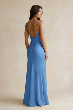 Cami Strap Sheath Satin Bridesmaid Dress With Slit in Dusty Blue - KISS BRIDAL Bridesmaid Dresses