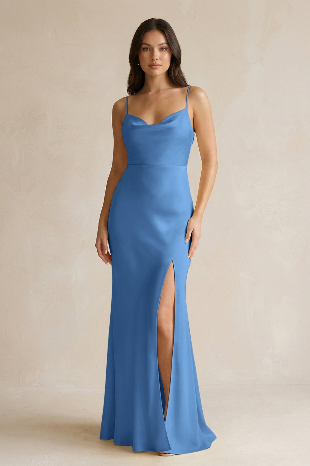 Cami Strap Sheath Satin Bridesmaid Dress With Slit in Dusty Blue