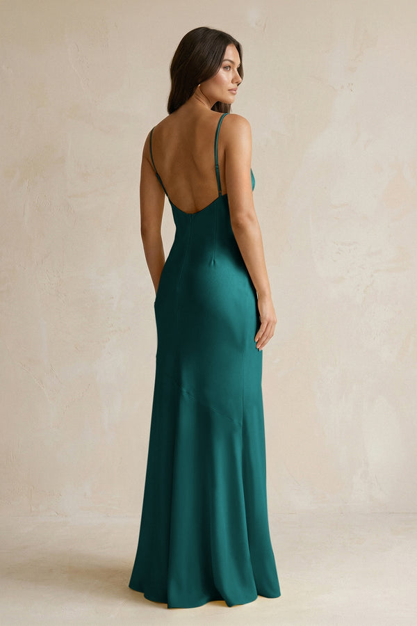 Cami Strap Sheath Satin Bridesmaid Dress With Slit in Emerald - KISS BRIDAL Bridesmaid Dresses
