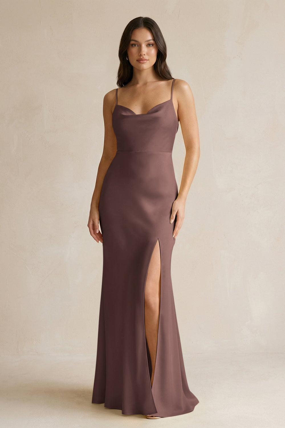 Cami Strap Sheath Satin Bridesmaid Dress With Slit in Espresso