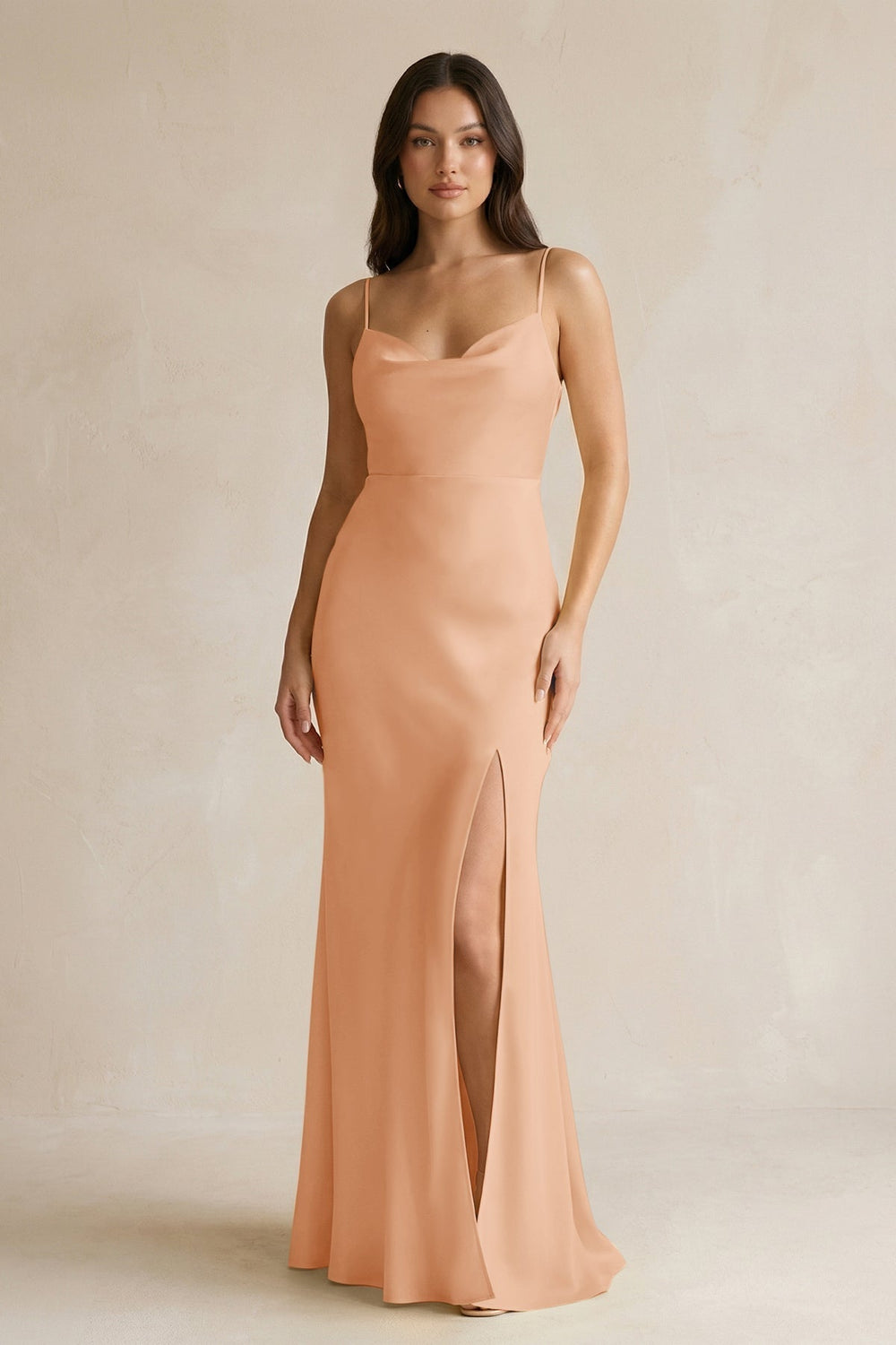 Cami Strap Sheath Satin Bridesmaid Dress With Slit in Golden Champagne