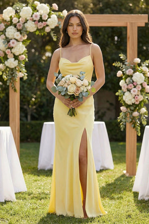 Cami Strap Sheath Satin Bridesmaid Dress With Slit in Pastel Yellow - KISS BRIDAL Bridesmaid Dresses