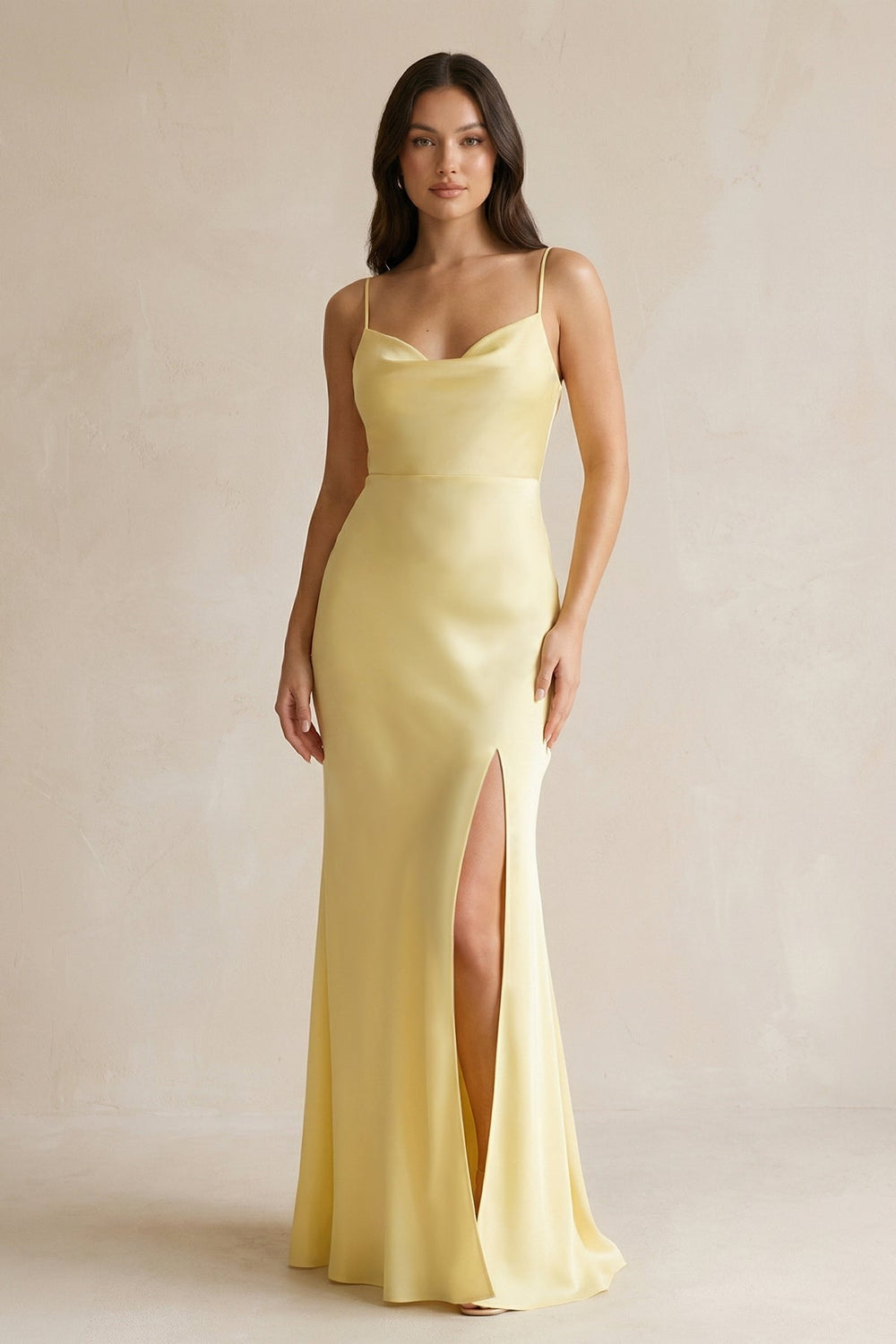 Cami Strap Sheath Satin Bridesmaid Dress With Slit in Pastel Yellow