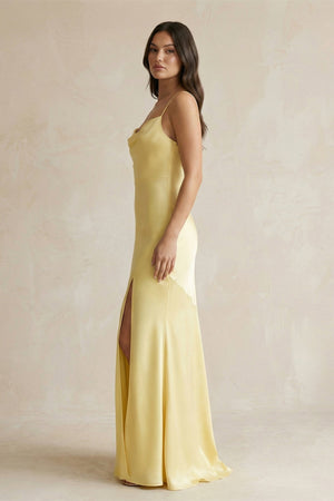 Cami Strap Sheath Satin Bridesmaid Dress With Slit in Pastel Yellow - KISS BRIDAL Bridesmaid Dresses
