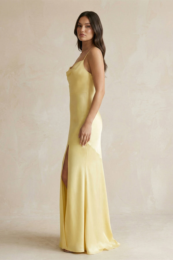 Cami Strap Sheath Satin Bridesmaid Dress With Slit in Pastel Yellow - KISS BRIDAL Bridesmaid Dresses