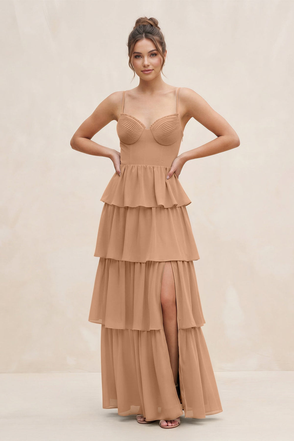 Cami Strap Tiered A-Line Chiffon Bridesmaid Dress in Bronzer