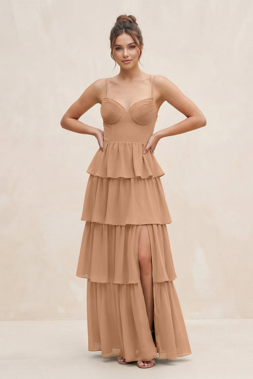 Cami Strap Tiered A - Line Chiffon Bridesmaid Dress in Bronzer - KISS BRIDAL Bridesmaid Dresses