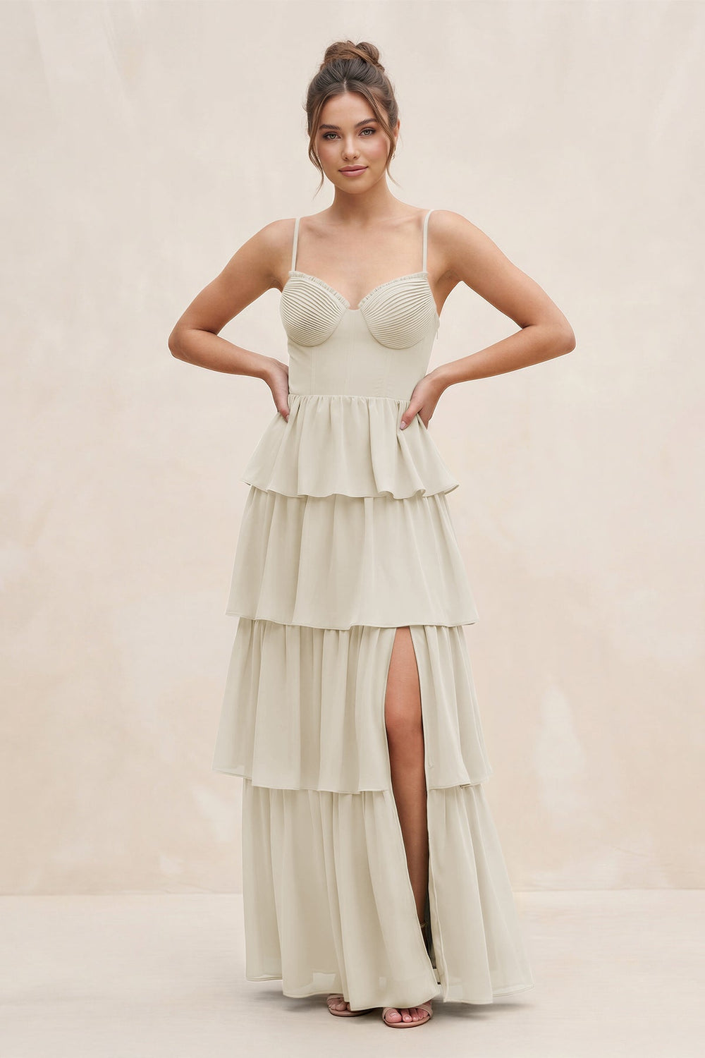 Cami Strap Tiered A-Line Chiffon Bridesmaid Dress in Dove Gray