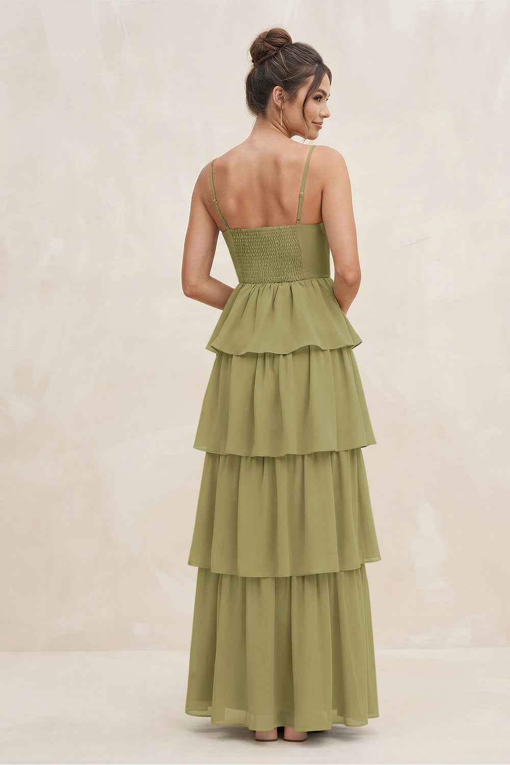 Cami Strap Tiered A-Line Chiffon Bridesmaid Dress in Moss Green