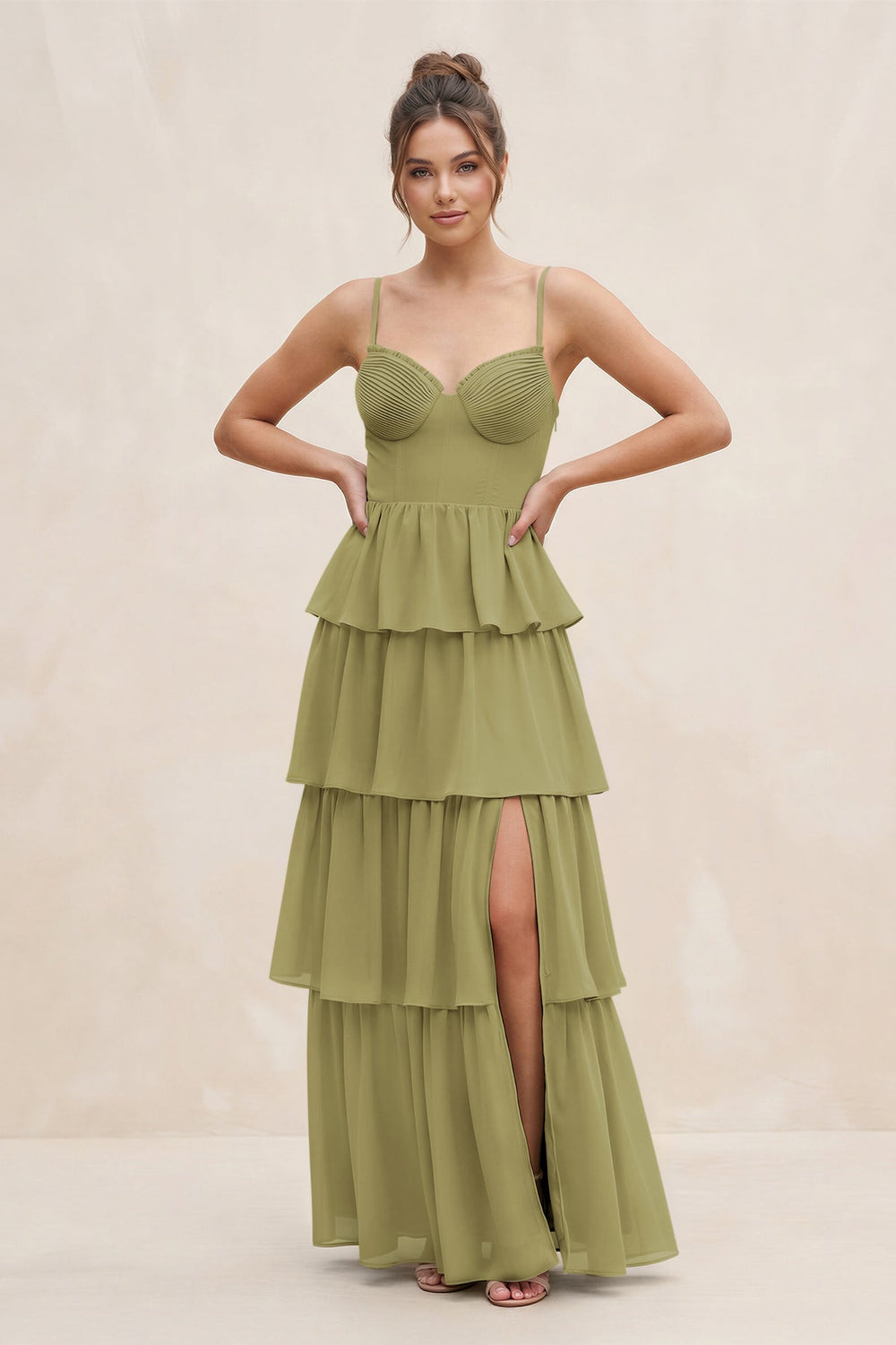 Cami Strap Tiered A-Line Chiffon Bridesmaid Dress in Moss Green