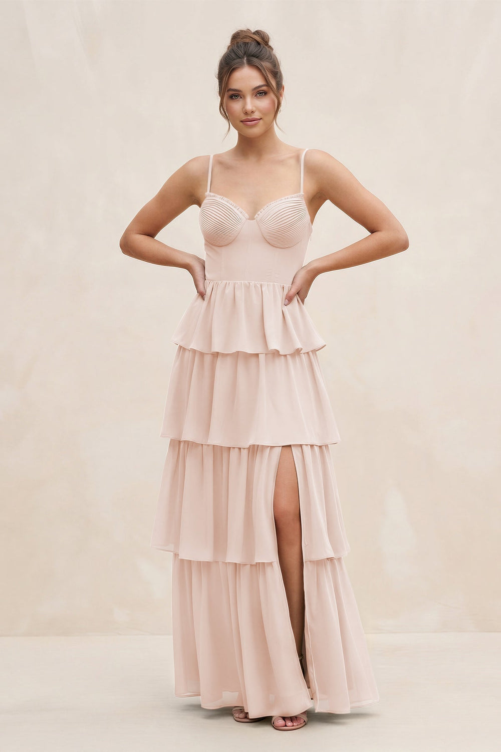 Cami Strap Tiered A-Line Chiffon Bridesmaid Dress in Pale Blush