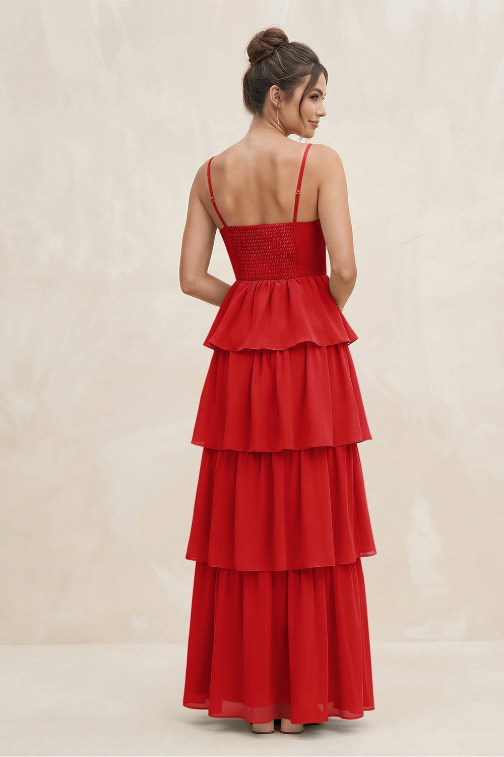 Cami Strap Tiered A-Line Chiffon Bridesmaid Dress in Ruby Red