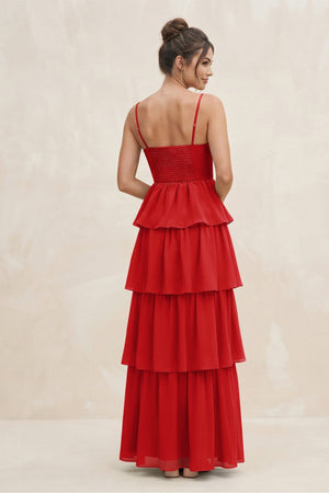 Cami Strap Tiered A - Line Chiffon Bridesmaid Dress in Ruby Red - KISS BRIDAL Bridesmaid Dresses