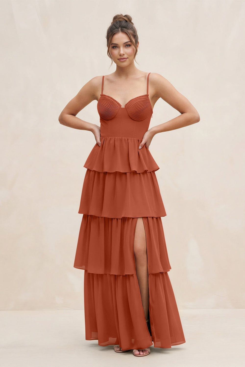 Cami Strap Tiered A-Line Chiffon Bridesmaid Dress in Spice