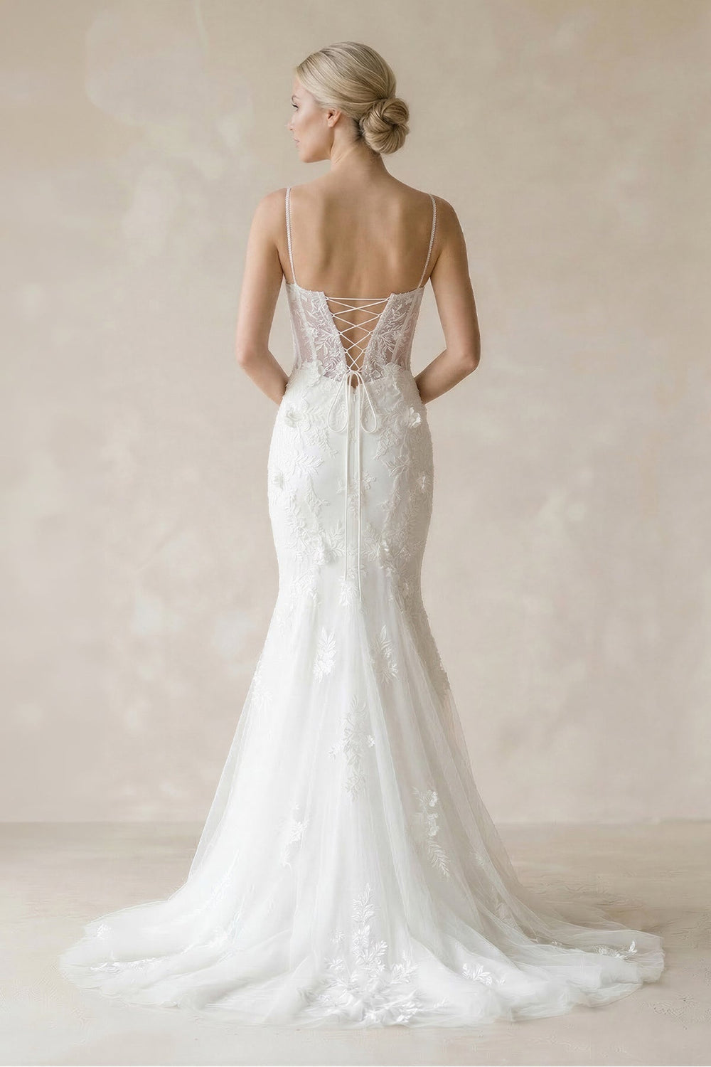 Cami Straps Mermaid Tulle Appliqued Wedding Dress in White
